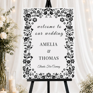 Black and White Floral Wedding Welcome Sign