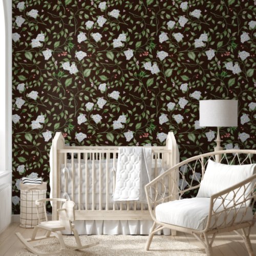 Black and White Floral with Green Leaves  Wallpaper