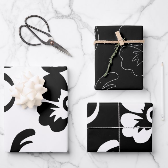 Black and White Floral Wrapping Paper Sheets (Front)