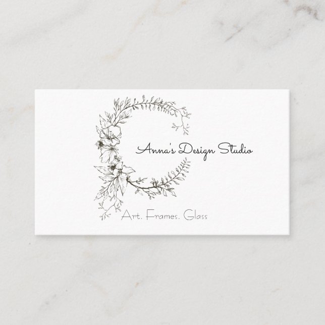 Black and White Floral Wreath Business Card (Front)