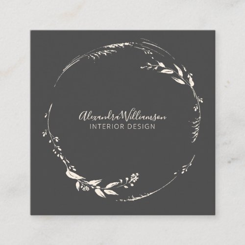 Black and White Floral Wreath Minimalist  Square Business Card