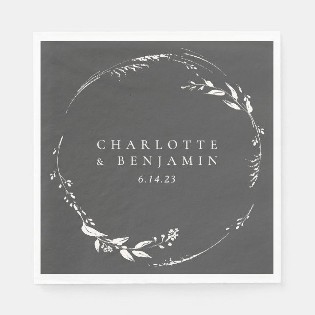 Black and White Floral Wreath Monogram Custom  Napkins (Front)