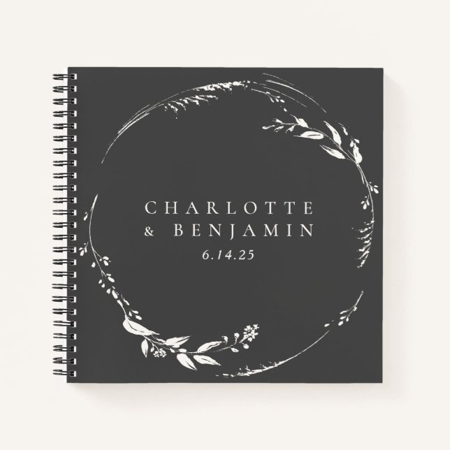Black and White Floral Wreath Monogram Custom   Notebook (Front)