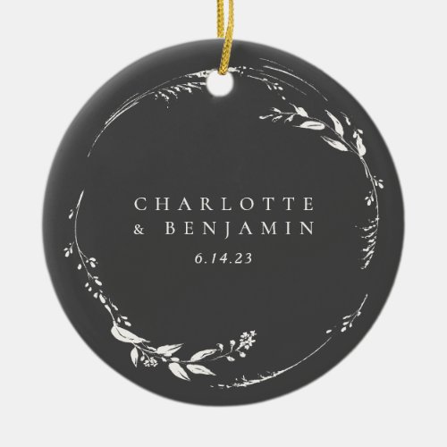 Black and White Floral Wreath Monogram Name  Ceramic Ornament