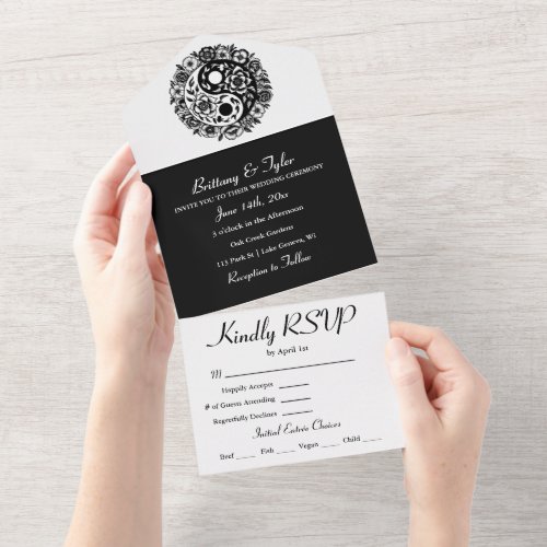 Black and White Floral Yin Yang Wedding All In One Invitation