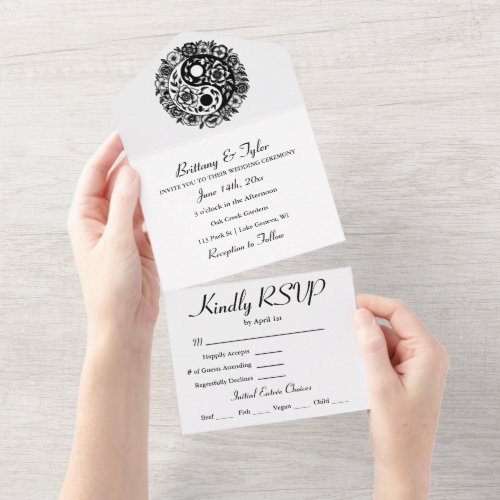 Black and White Floral Yin Yang Wedding All In One Invitation