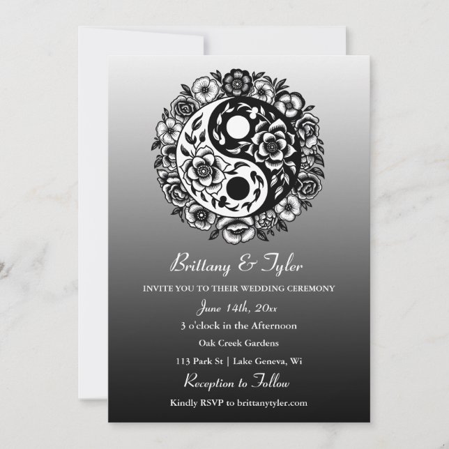 Black and White Floral Yin Yang Wedding Invitation (Front)