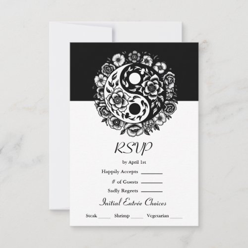 Black and White Floral Yin Yang Wedding RSVP Invitation