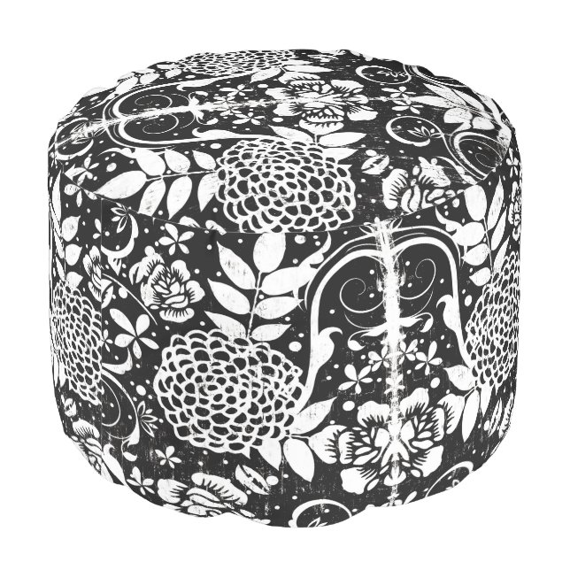 Black and White Florals Flowers Round Pouf Ottoman (Angled Back)