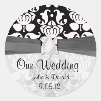 black and white flourish damask wedding classic round sticker