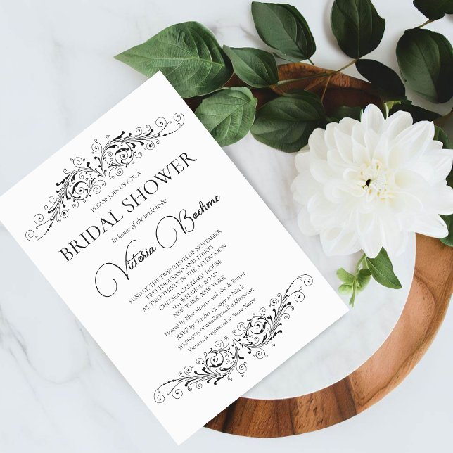 Black and White Flourish Elegance Bridal Shower Invitation (Celebrate a bridal shower with the bride-to-be by inviting guests with this black and white invite.)