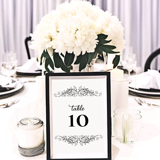 Black and White Flourish Elegance Table Number (Black and White Flourish Elegance table number card for number your wedding guest tables.)