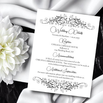 Black And White Flourish Elegance Wedding Details Enclosure Card by SocialiteDesigns at Zazzle