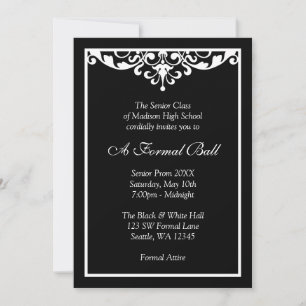 Black and White Flourish Formal Prom Dance Ball Invitation