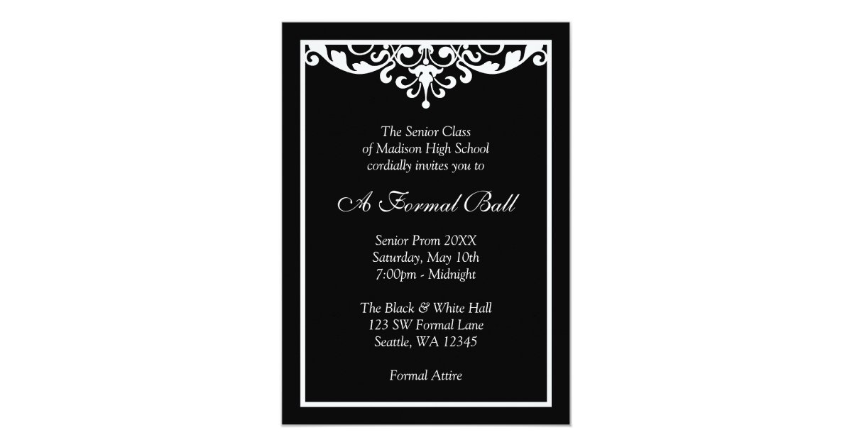 Black And White Flourish Formal Prom Dance Ball Invitation Zazzle Com