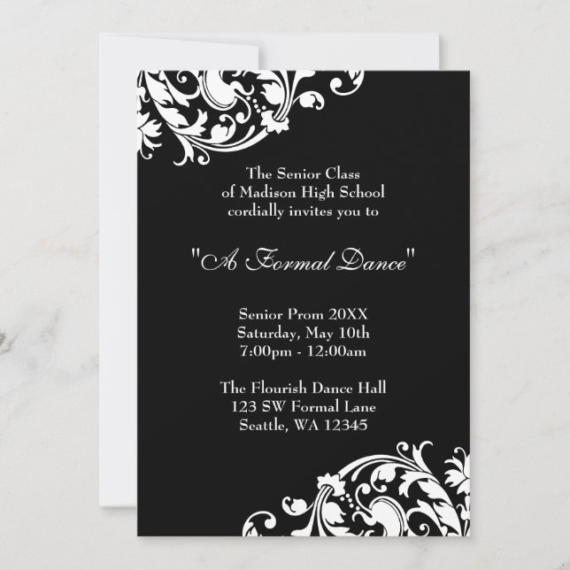 Black and White Flourish Prom Formal Invitations (Front)