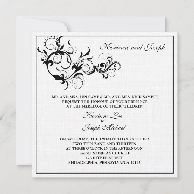 Black and White Flourish Wedding Invitation (Front)