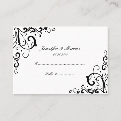 Black and White Flourish Wedding Seating Cards Business Card Template