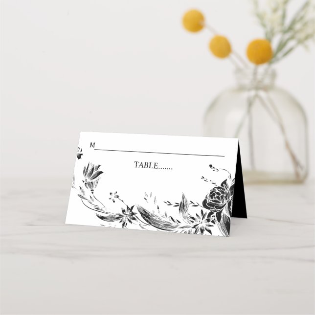 Black and white flower arrangement wedding place card (Front)