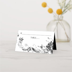 Black and white flower arrangement wedding place card