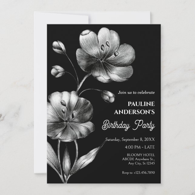 Black and White flower Birthday Invitation (Front)