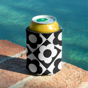 Black and White Flower Checkerboard Classic Retro  Can Cooler