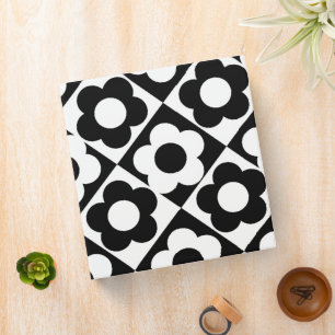 Black and White Flower Checkerboard Retro  3 Ring Binder
