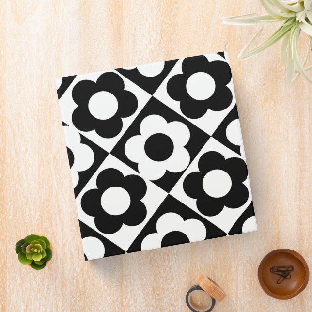 Black and White Flower Checkerboard Retro  3 Ring Binder (In Situ)