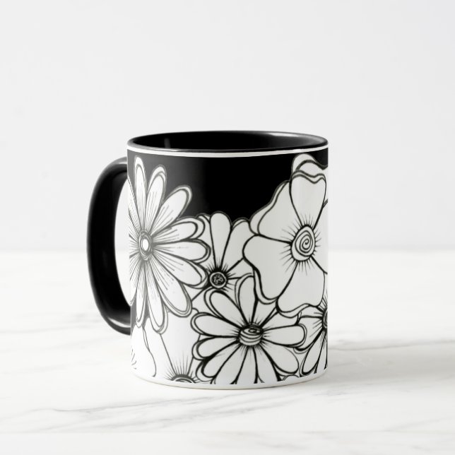 Black and White Flower coffee mug (Front Left)