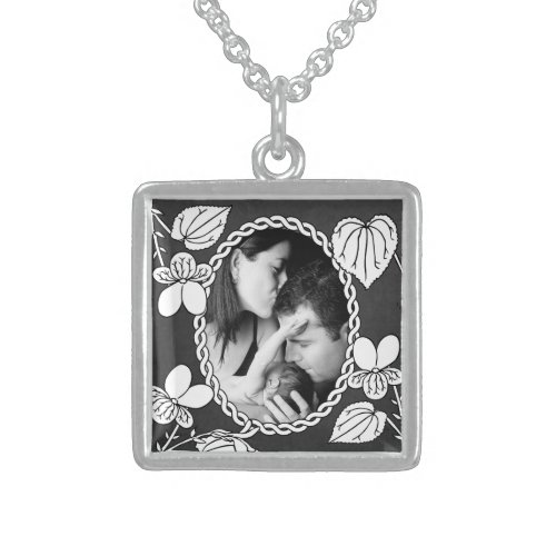 Black and White Flower Custom Oval Photo Sterling Silver Necklace