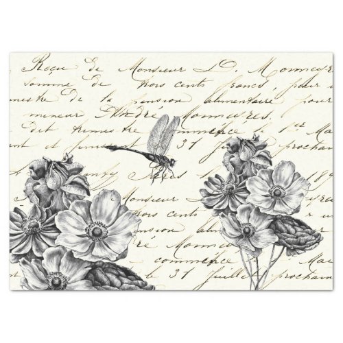 Black and White Flower Dragonfly Decoupage Vintage Tissue Paper