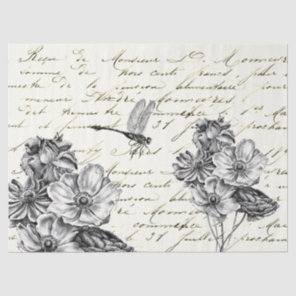 Black and White Flower Dragonfly Decoupage Vintage Tissue Paper