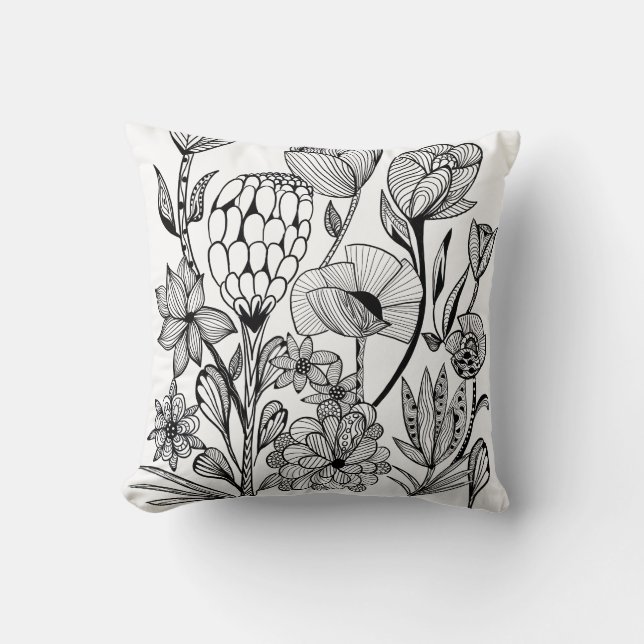 Black and white flower drawing throw pillow (Front)