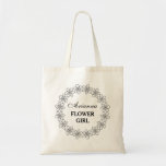 Black and white flower girl wedding tote bag<br><div class="desc">Personalized black and white flower girl wedding tote bag. Personalizable name with stylish typography. Cute for elegant wedding party and chic bridal shower. Can also be used for bridesmaids, maid of honor, matron of honor, mother of the bride, children etc. Customizable background color. Make one for daughter, granddaughter, cousin, family...</div>