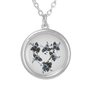 Black and White Flower Heart Wreath Silver Plated Necklace