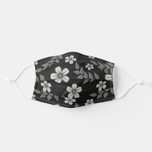 Black and White flower & leaf pattern Adult Cloth Face Mask (Front, Unfolded)
