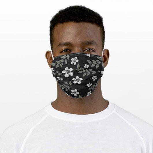 Black and White flower & leaf pattern Adult Cloth Face Mask (Worn)