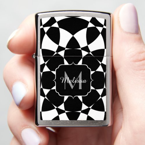 Black and white flower mandala mosaic Monogram Zippo Lighter