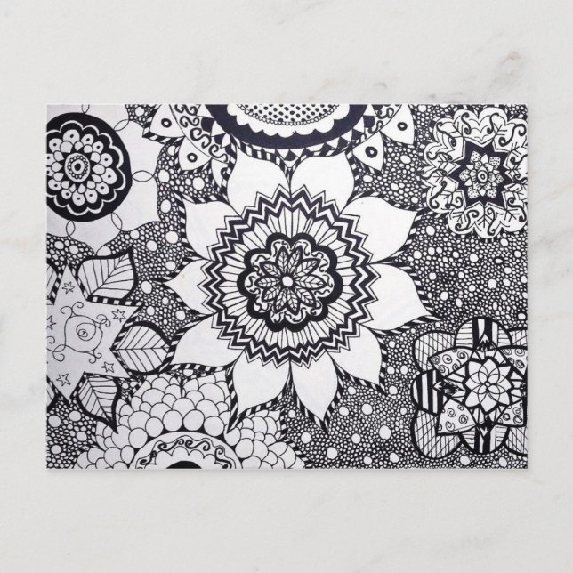 Black and White Flower Mandala Postcard (Front)