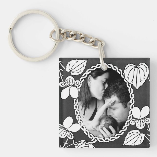 Black and White Flower Oval Custom Photo Keychain (Front)