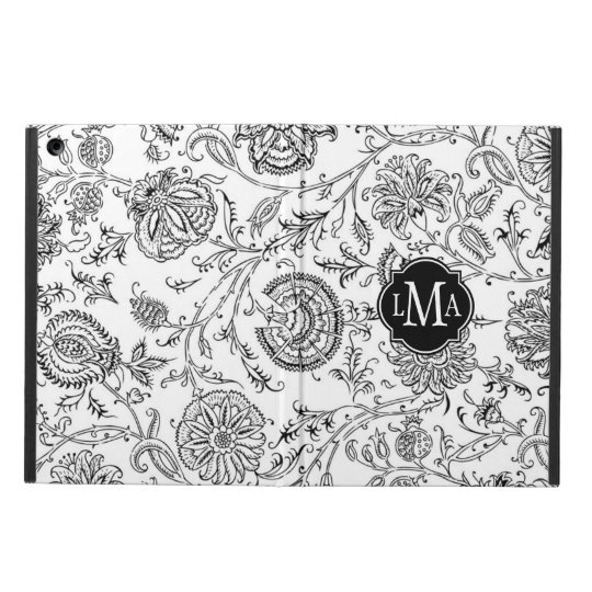 Black and White Flower Pattern Monogram Cover For iPad Air
