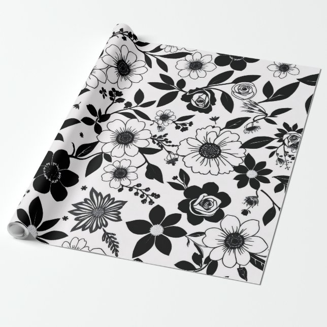Black and White Flower Wrapping Paper (Unrolled)
