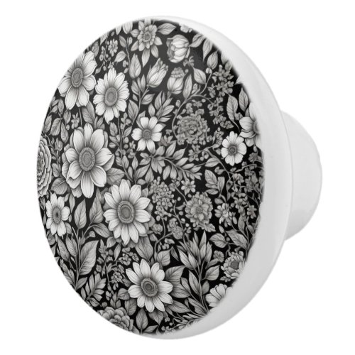 Black and white flowers and leaves ceramic knob