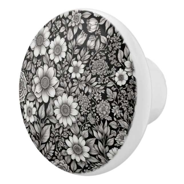 Black and white flowers and leaves ceramic knob (Right)
