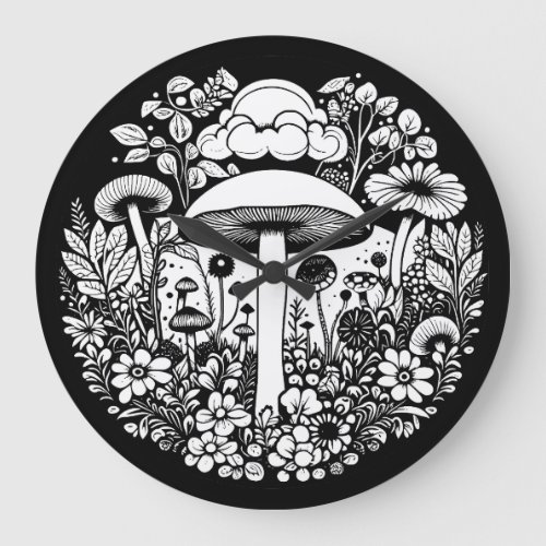 Black and White Flowers and Mushrooms Vintage Large Clock