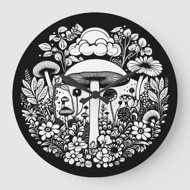 Black and White Flowers and Mushrooms Vintage Large Clock (Front)