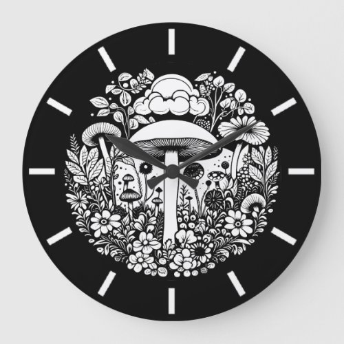Black and White Flowers and Mushrooms Vintage Large Clock