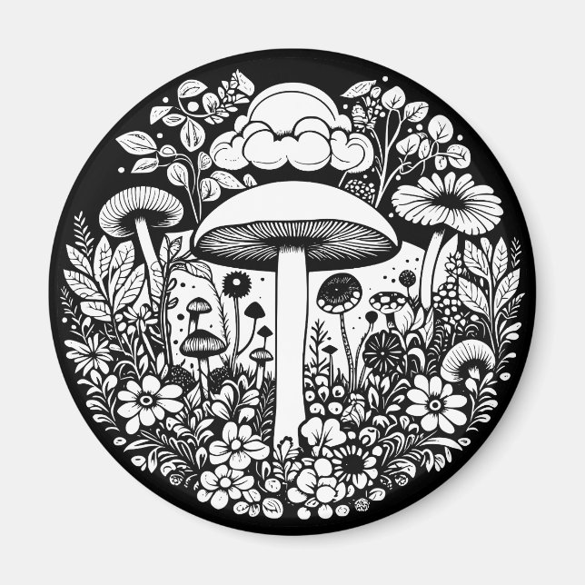 Black and White Flowers and Mushrooms Vintage Magnet (Front)