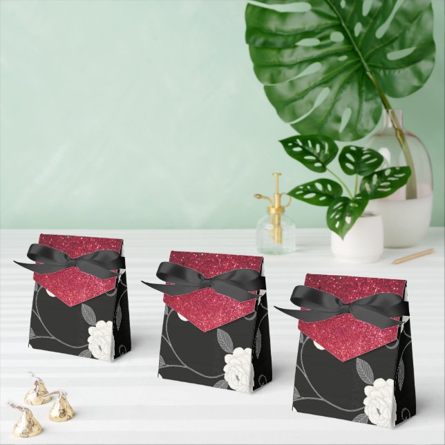 Black and White Flowers and Red Glitter Favor Boxes (Multiple)