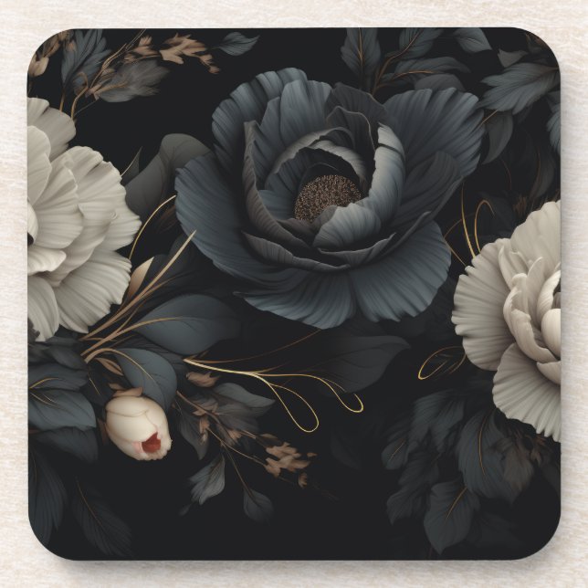Black and White Flowers Beverage Coaster (Front)
